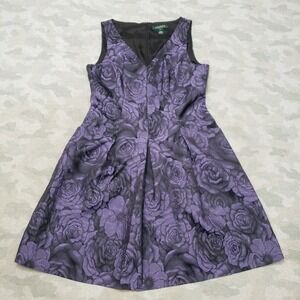Lauren Ralph Lauren Dress Womens 10P Purple Floral V-Neck Cocktail Sleeveless